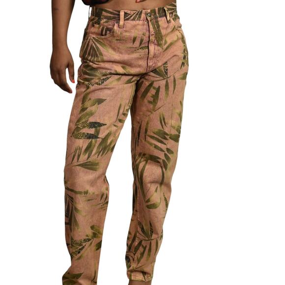 Chicos Foliage Print Jeans Brown Palm Leaves Tropical High Waist Vintage Size 8 - Picture 1 of 13